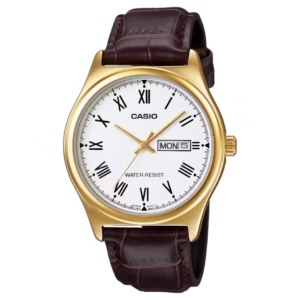 Casio MTP-V006GL-7B men's analog quartz watch with round silver brass case, black dial with day-date display and Roman numerals, and black genuine leather crocodile embossed strap.