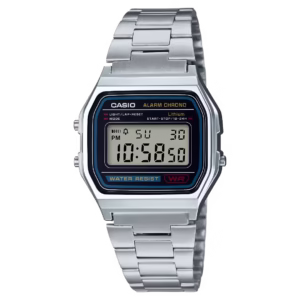 Casio A158WA-1D Timeless Collection silver chrome-plated polymer rectangular digital watch with black dial and stainless steel bracelet.