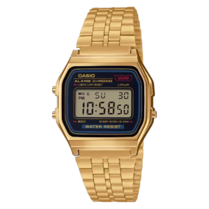Casio A159WGEA-1D Timeless gold-tone rectangular polymer case, black digital dial, gold stainless steel bracelet vintage watch