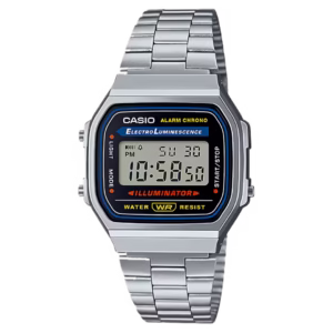 Casio A168WA-1W Timeless silver chrome-plated polymer rectangular case, black digital dial, stainless steel bracelet vintage casual unisex watch