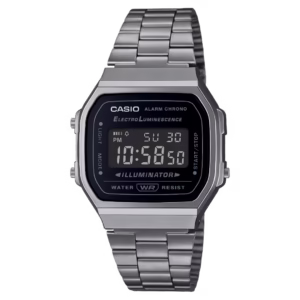 Casio A168WGG-1B silver ion-plated polymer rectangular digital black negative display stainless steel bracelet unisex vintage watch