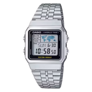 Casio A500WA-1D Timeless silver-tone chrome-plated polymer rectangular case stainless-steel bracelet grey digital dial vintage watch