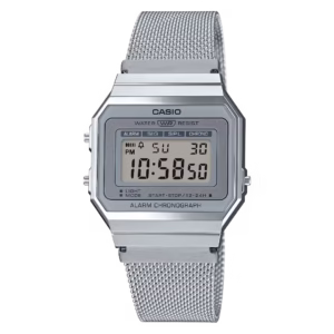 Casio A700WM-7A Timeless Collection silver chrome-plated polymer rectangular digital watch with grey dial and stainless steel Milanese mesh bracelet.