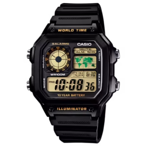 Casio AE-1200WH-1B Timeless Collection black resin rectangular digital watch with gold-tinted display