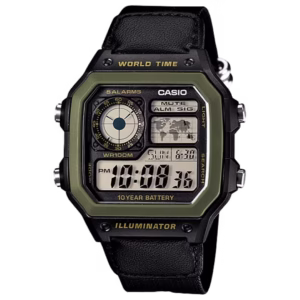 Casio AE-1200WHB-1B Timeless black rectangular resin digital watch with olive green bezel and black textile strap