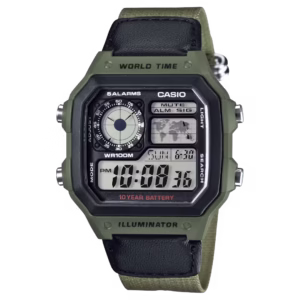 Casio AE-1200WHB-3B Timeless Collection olive green polymer rectangular case black digital dial olive green textile leather strap watch