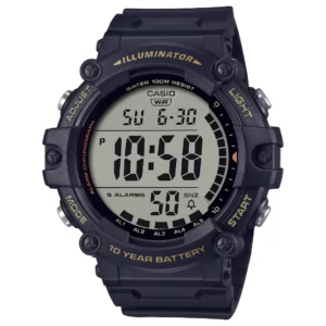 Casio AE-1500WHX-1A men's sport watch with round black matte polymer case, black polymer strap, and grey digital display.