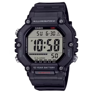 Casio AE-1600H-1A Timeless black resin hexagonal men's digital watch with grey display