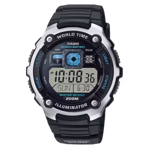 Casio AE-2000W-1A round silver and black resin case, black resin strap, black digital dial sport watch