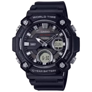 Casio AEQ-120W-1A black polymer men's sport ana-digi watch with a round case and black dial.