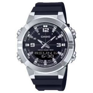 Casio AMW-870-1A Timeless silver stainless steel case black resin strap black ana-digi men's watch