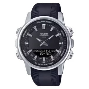Casio AMW-880-1A men's round silver stainless steel ana-digi watch with black dial and black resin strap.