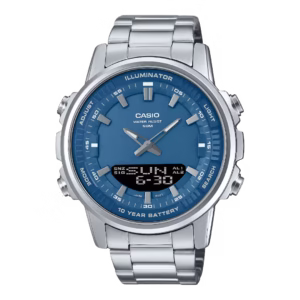 Casio AMW-880D-2A1 Timeless Collection men's silver stainless steel round ana-digi watch with teal blue dial