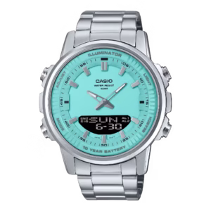 Casio AMW-880D-2A2 Timeless Collection silver stainless steel ana-digi men's watch with blue dial and silver bracelet.