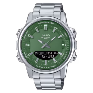Casio AMW-880D-3A Timeless silver stainless-steel ana-digi green dial watch