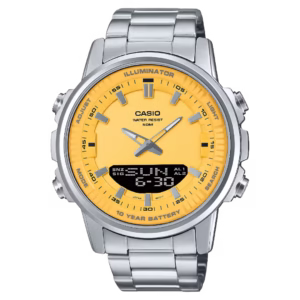 Casio AMW-880D-9A Timeless silver stainless steel ana-digi men's watch, yellow dial.