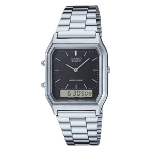 Casio AQ-230A-1D Timeless Collection silver chrome-plated rectangular polymer case, black ana-digi dial, silver stainless-steel bracelet watch