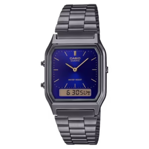 Casio AQ-230GG-2A Timeless gunmetal grey chrome-plated polymer rectangular case, navy blue dial, stainless steel bracelet ana-digi watch