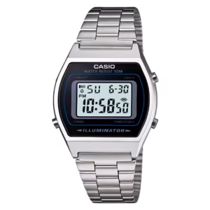 Casio B640WD-1A Timeless silver metallic-painted polymer rectangular case, stainless steel bracelet, black digital watch