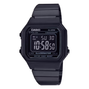 Casio B650WB-1B Timeless Collection black ion-plated resin rectangular digital watch with black stainless steel bracelet
