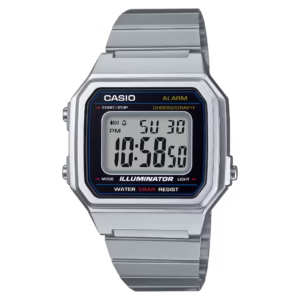 Casio B650WD-1A Timeless silver rectangular polymer case, stainless steel bracelet, black digital dial vintage unisex watch