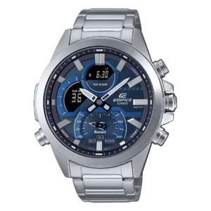 Casio ECB-30D-2A Edifice men's silver-tone stainless steel ana-digi sport watch with navy blue dial.