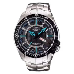 Casio EF-130D-1A2 Edifice silver stainless steel men's sport analog watch with black bezel and charcoal black dial.
