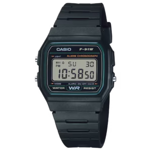 Casio F-91W-3 Timeless black rectangular resin digital watch with green accents