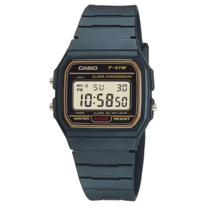 Casio F-91WG-9Q Timeless black resin rectangular digital watch with black dial and gold-tinted display