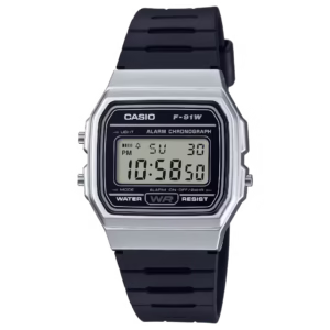Casio F-91WM-7A silver rectangular polymer case, black resin strap, digital dial, vintage unisex watch