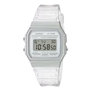 Casio F-91WS-7D Timeless Collection, silver rectangular polymer case, transparent polymer strap, light-grey digital dial watch