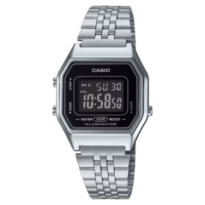 Casio LA680WA-1B Timeless silver rectangular polymer case, black negative digital display, stainless steel bracelet watch