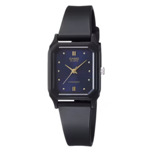 Casio LQ-142E-2A Timeless women's black resin rectangular case, navy blue analog dial with indices, black resin strap watch