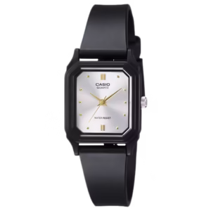 Casio LQ-142E-7A Timeless women's black polymer rectangular analog watch with a silver dial