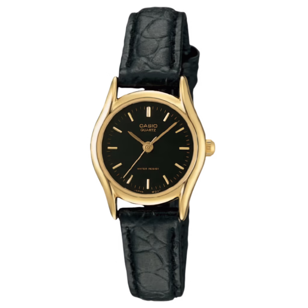 Женские аналоговые часы Casio LTP-1094Q-1A: круглый корпус из латуни с золотым ионным напылением, черный циферблат, черный ремешок из натуральной кожи с тиснением под ящерицу.