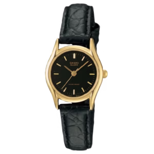 Casio LTP-1094Q-1A Timeless gold ion-plated brass round case, black dial, black genuine lizard embossed leather strap women's analog watch