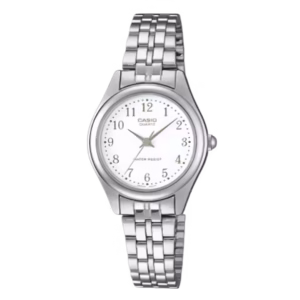 Casio LTP-1129A-7B Timeless women's silver-tone brass case, stainless steel bracelet, white dial classic analog watch