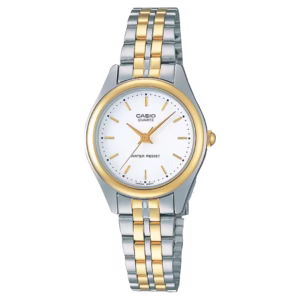 Casio LTP-1129G-7B Timeless women's silver ion-plated brass case, gold bezel, white dial, silver and gold stainless steel bracelet analog watch