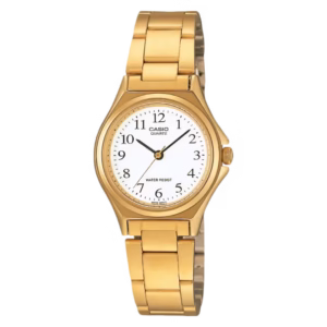 Casio LTP-1130N-7B Timeless gold ion-plated brass case, stainless steel bracelet, white dial women's analog quartz watch