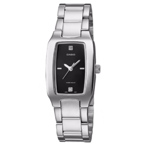 Casio LTP-1165A-1C2 Timeless women's silver pd-plated brass rectangular case, black dial, analog quartz movement, silver stainless steel bracelet watch.