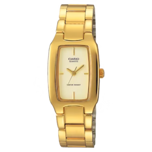 Casio LTP-1165N-9C women's gold ion-plated brass rectangular case cream dial gold stainless steel bracelet analog watch
