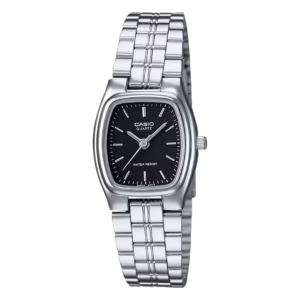 Casio LTP-1169-1AR Timeless women's silver-tone rectangular analog watch with black dial and stainless steel bracelet.