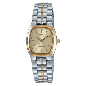 Casio LTP-1169G-9A women's rectangular silver brass case gold bezel two-tone silver gold stainless steel bracelet champagne gold sunburst dial analog quartz watch