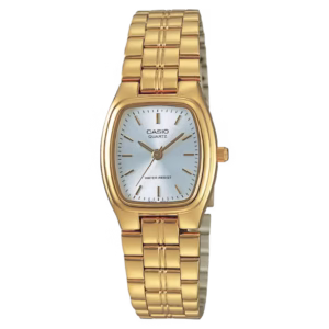 Casio LTP-1169N-7A Timeless gold-tone rectangular brass women's analog quartz watch with silver sunburst dial and stainless steel bracelet.