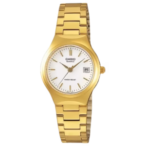 Casio LTP-1170N-7A Women's Timeless gold ion-plated brass round case, gold stainless steel bracelet, white analog dial with indices and date window classic watch.