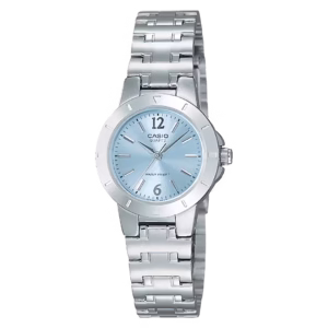 Casio LTP-1177A-2A Timeless Collection silver brass case, silver stainless steel bracelet, ice-blue sunburst dial women's analog quartz watch
