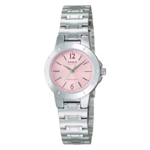 Casio LTP-1177A-4A1 Timeless women's silver brass and stainless steel analog watch with a pale-pink dial.