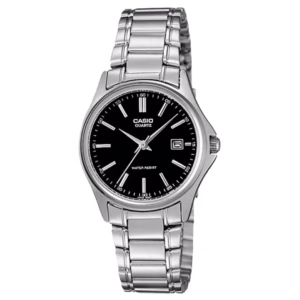 Casio LTP-1183A-1A women's classic silver stainless steel bracelet round case with black matte dial and date window analog watch