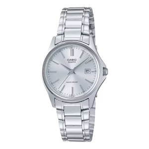 Casio LTP-1183A-7A women's Timeless Collection silver round brass case, polished stainless steel bracelet, analog watch with sunburst silver dial, date window, and mineral glass.