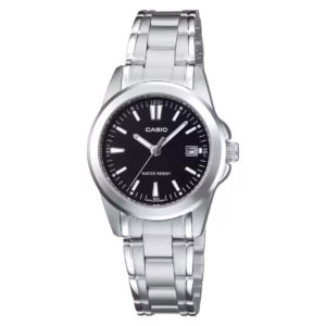 Casio LTP-1215A-1A2 Timeless women's silver pd-plated brass case stainless steel bracelet black dial analog quartz watch